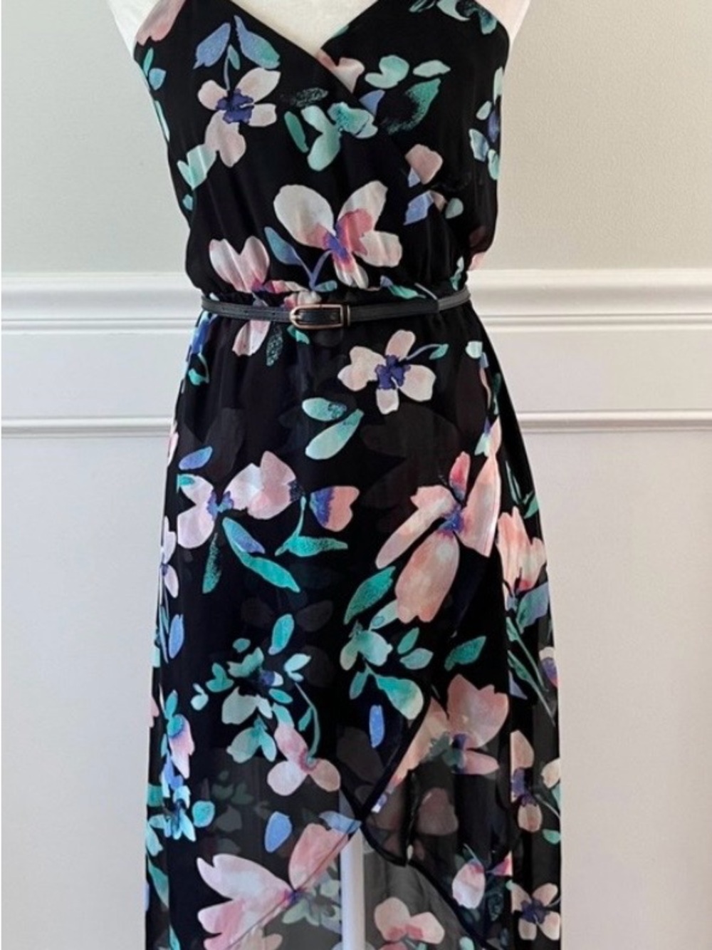 Candie's Black Asymmetrical Floral Wrap Dress with Pink & Teal Accents